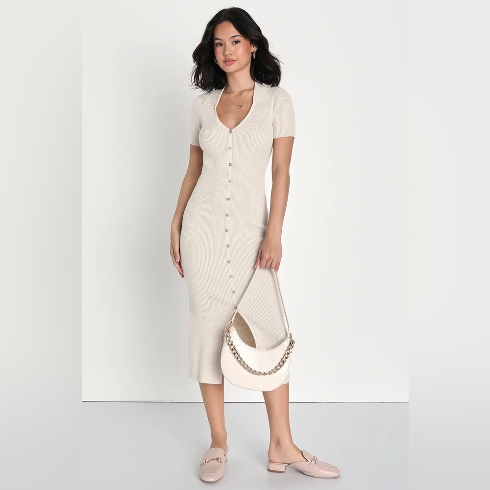 Lulus Excellent Energy Beige Ribbed Knit Collared Midi Dress Size Large